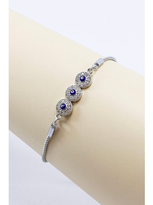 Biuti Gümüş Renkli Ayarlanabilir Üçlü Parlak Zirkon Taşlı Bileklik, Hediyelik Nazarlı Bileklik