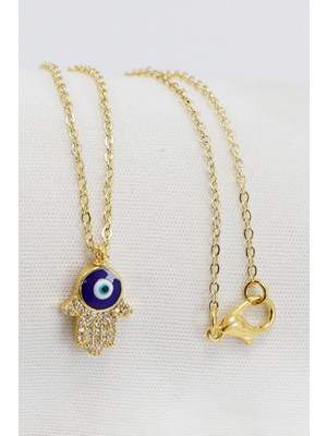 Biuti Gold Renkli Parlak Taşlı Hamse Lak Kaplama Bijuteri Kolye (Zincir 45 Cm), Nazar Boncuklu