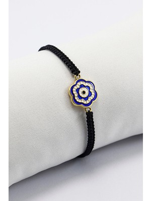 Biuti Metal Lacivert Çiçekli Nazar Boncuğu Ayarlanabilir Asansörlü Bileklik