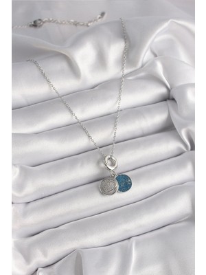 Prativas 316L Çelik Gümüş Renk Zincir Zirkon Taşlı Işleme Mavi Simli Kadın Kolye – PRT3500EB03302