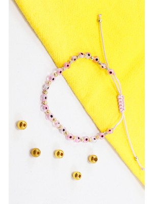 Biuti Asansörlü Toz Pembe Cam Nazar Boncuklu Bileklik, Hediyelik Bileklik