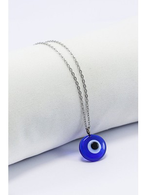 Biuti El Yapımı Cam Mavi Nazar Boncuklu 316L Paslanmaz Çelik Kolye, Zincir 60 Cm, Gümüş Renkli