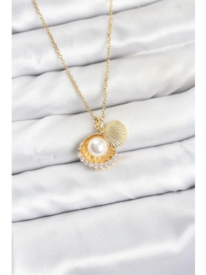 Prativas 316L Çelik Zincir Gold Renk Incili Deniz Kabuğu Model Zirkon Taşlı Kadın Kolye - PRT3500EB10221