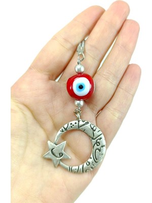 Biuti Özel Tasarım Metal Ay Yıldız Hilal Araba Dikiz Ayna Süsü, El Yapımı Cam Kırmızı Nazar Boncuğu