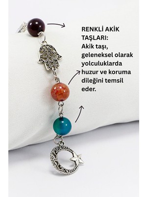 Biuti Doğal Taşlı Metal Hamse Fatma Ana Eli Hilal Araba Dikiz Ayna Süsü, Farklı Renklerde Akik Taşları