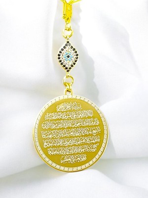 Biuti Zirkon Taşlı Nazar Detaylı Gold Çelik Çift Taraflı Ayetel Kürsi/ Nazar Ayeti Araba Dikiz Ayna Süsü