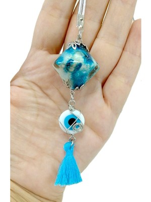 Biuti Turkuaz Püsküllü Seramik Araba Dikiz Ayna Süsü, Beyaz Nazar Boncuklu Hediyelik Aksesuar