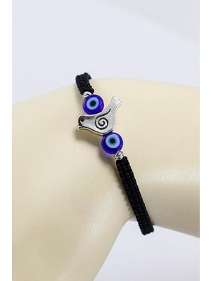 Biuti Metal Gümüş Renkli Kuş ve El Yapımı Cam Nazar Boncukları Ayarlanabilir Asansörlü Bileklik