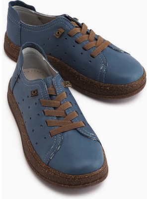 Limoya Judi Hakiki Deri Mavi Rahat Tabanlı Kadın Yazlık Sneakers