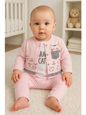 Kedi Desenli 3'lü Hırkalı Kız Bebek Takım