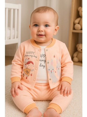 Happy Dancing Desenli 3'lü Hırkalı Kız Bebek Takım