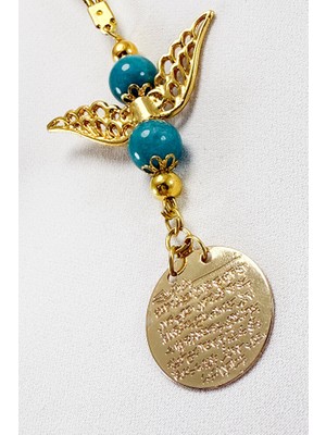 Biuti Melek Kanadı Turkuaz Doğaltaş Boncuklu Gold Renkli Metal Ayetel Kürsi Araba Dikiz Ayna Süsü