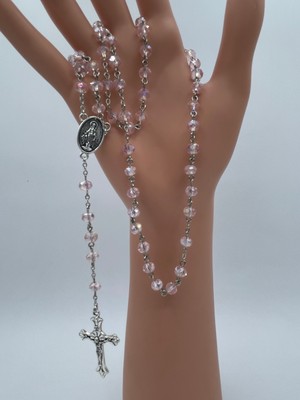 Yada Unique 5 mm Açık Pembe Çek Kristali Katolik Hristiyan Rosary Tesbih / Haç Kolye