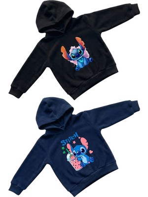 Machi Kız Çocuk Siyah Lacivert Stitch Baskılı Kapüşonlu Sweatshirt Hoodie Pamuklu Rahat Kalıp