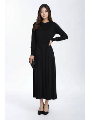 Mamayaga Kadın Uzun Kol Bisiklet Yaka Belden Asimetrik Etek Triko Spor Şık Elbise