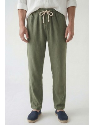 Veleno Erkek Palazzo Pantolon Haki Geniş Paça Arka Cepli Yüksek Bel