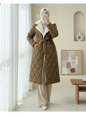 Modamorfo Yakası ve Içi Peluşlu Astarlı Beli Kemerli Cepli Kapitone Kaban -Taba