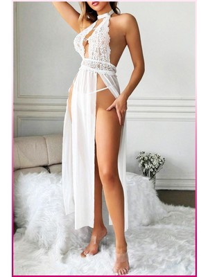 Beyaz Kalp Aksesuarlı Tül Etekli Kadın Seksi Gecelik