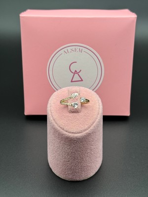 Alsem 14 Ayar Gold Kaplama Kalp Figürlü Taşlı Yüzük , Ithal Kalpli Çoktaş Ayarlanabilir Yüzük