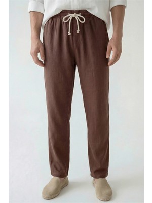 Veleno Erkek Palazzo Pantolon Kahverengi Geniş Paça Arka Cepli Yüksek Bel