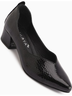 Limoya Samia Hakiki Deri Siyah Yılan Desenli Kalın Topuklu Kadın Ayakkabı