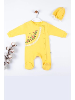 Çiçek Nakışlı Şapkalı % 100 Pamuk Kız Bebek Tulumu