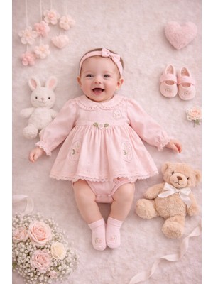 Ozz Baby Yeni Doğan Kız Bebek (0-3)(3-6)Ay Elbise , Şort , Patik ,bandana ,çorap 5'li Set Kutulu,hediyelik