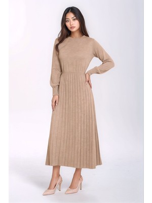 Mamayaga Kadın Uzun Kol Bisiklet Yaka Belden Asimetrik Etek Triko Spor Şık Elbise