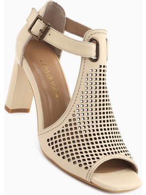 Limoya Monica Hakiki Deri Bej Bilekten Tokalı Kalın Topuklu Kadın Ayakkabı