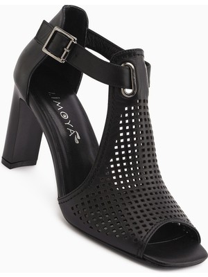 Limoya Monica Hakiki Deri Siyah Bilekten Tokalı Kalın Topuklu Kadın Ayakkabı