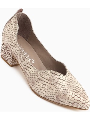 Limoya Samia Hakiki Deri Bej Yılan Desenli Kalın Topuklu Kadın Ayakkabı