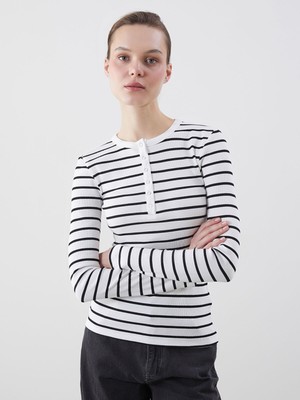 Lc Waikiki Yeni Sezon Bisiklet Yaka Çizgili Kadın Tişört