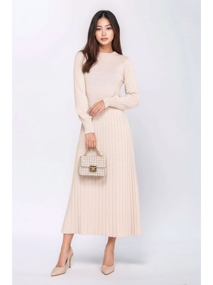 Mamayaga Kadın Uzun Kol Bisiklet Yaka Belden Asimetrik Etek Triko Spor Şık Elbise