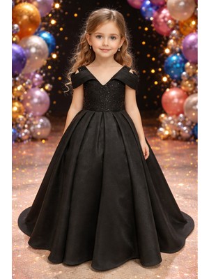Tarz Çocuk Minik Prenses Siyah Tarlatanlı Abiye Elbise