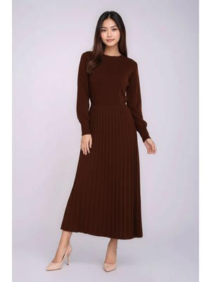 Mamayaga Kadın Uzun Kol Bisiklet Yaka Belden Asimetrik Etek Triko Spor Şık Elbise