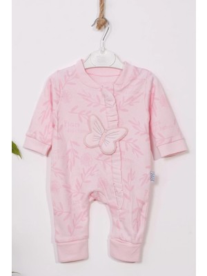 Kelebek Nakışlı % 100 Pamuk Ayaklı Kız Bebek Tulumu