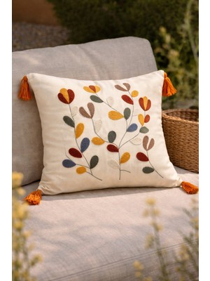 Shopyteks Renkli Yaprak Desenli Püsküllü Dekoratif Kırlent Kılıfı (Iç Dolgusuz)