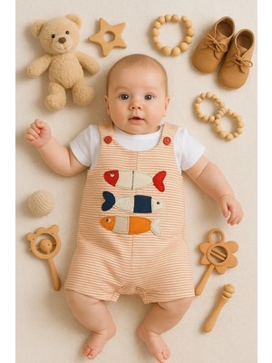 Balık Nakışlı Kısa Kollu Erkek Bebek Tulumu