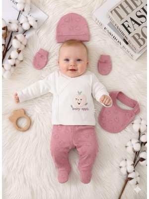 Miniday Baby 5'li Set Yenidoğan Baskılı Kız - Erkek Bebek Hastane Çıkış Seti % 100 Pamuklu Unisex Basıc Elma