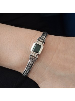 Bir Gümüş Aşkı 925 Ayar Gümüş Özel Üretim Yeşil Taşlı Kutu Kilitli Erkek Bileklik 7 mm