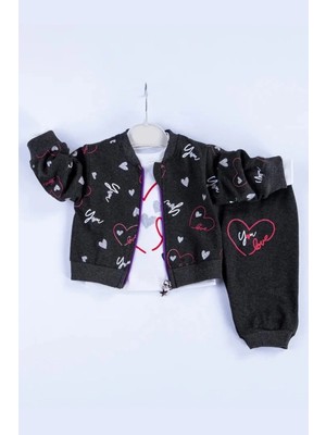 Kalp Desenli Hırkalı Pamuklu 3'lü Kız Bebek Takımı