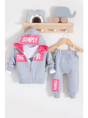Simply Desenli Kapişonlu 3'lü Kız Bebek Takımı