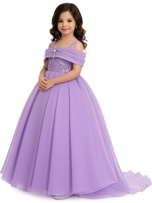 Tarz Çocuk Kız Çocuk Lila Tarlatanlı Abiye Elbise – Fiyonklu Prenses Model