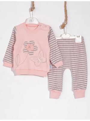 Kelebekli Çiçek Nakışlı Pamuklu 2'li Kız Bebek Takımı