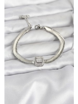Prativas 316L Çelik Gümüş Renk Baget Zirkon Taşlı Yılan Zincirli Kadın Bileklik – PRT3500EB09804