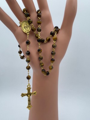 Yada Unique 6 mm Doğal Kaplan Gözü Taşı Katolik Hrıstiyan Rosary Tesbih / Haç Kolye