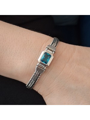 Bir Gümüş Aşkı 925 Ayar Gümüş Özel Üretim Aquamarin Renk Taşlı Kutu Kilitli Erkek BILEKLIK7MM