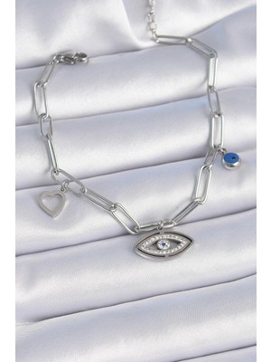 Prativas 316L Çelik Gümüş Renk Zirkon Taşlı Göz Figür Kalp Detay Kadın Bileklik – PRT3500EB02592