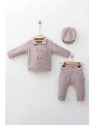 Düğmeli Lüx % 100 Pamuk Şapkalı 3'lü Erkek Bebek Takım