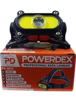 Powerdex PD-8872 Profesyonel Kafa Lambası | Ön LED + Cob LED – 90° Oynar Başlık – Hafif & Ergonomik – Micro-Usb Şarjlı